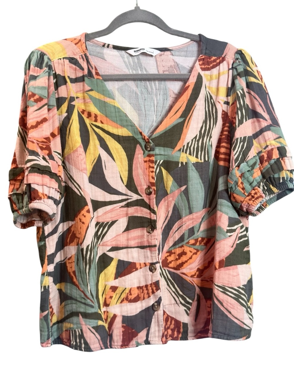 SONOMA Tropical Leaf Print Puff Sleeve Button Front Blouse Large